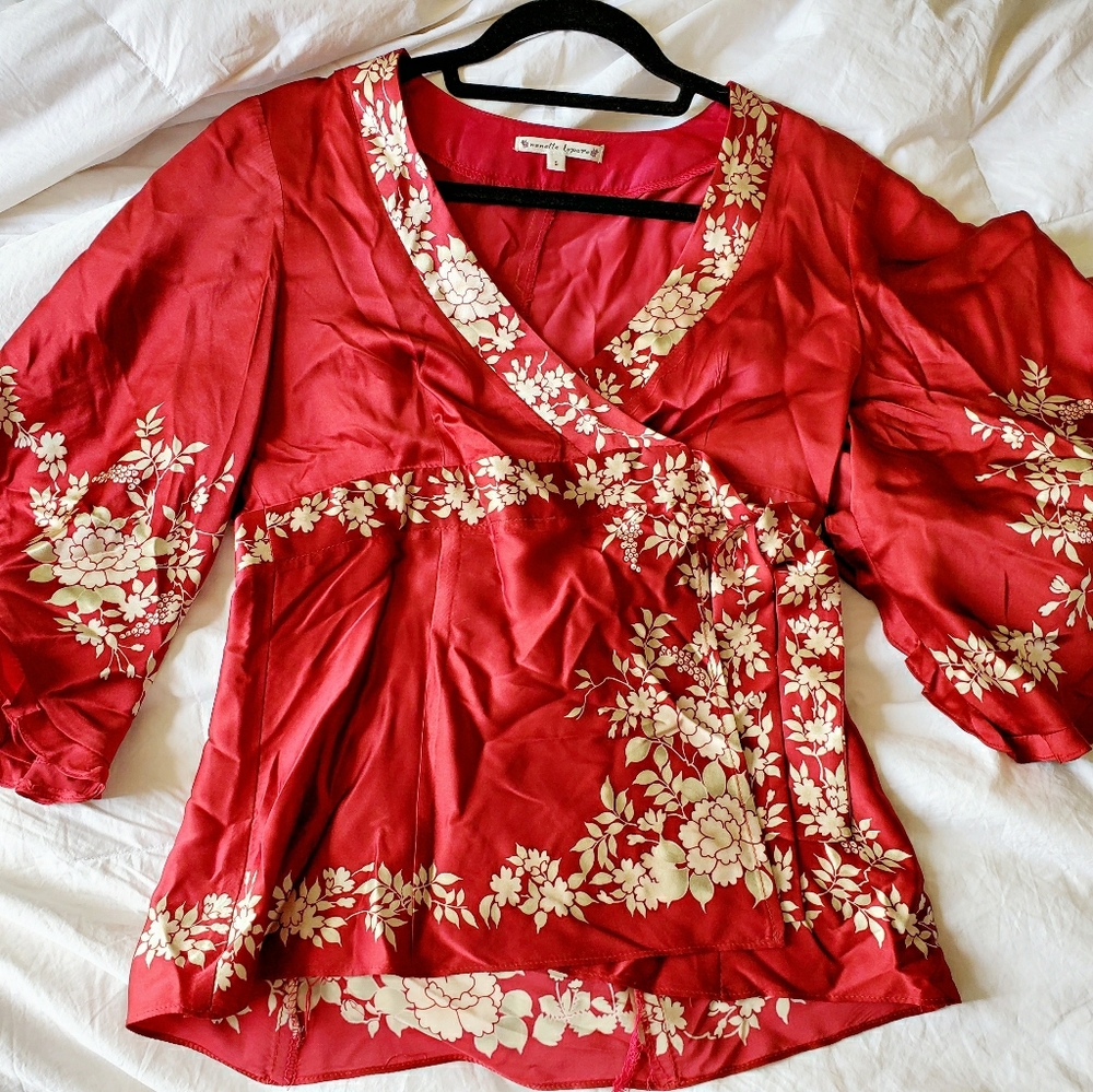 Nanette Lepore 100% Silk Floral Kimono Wrap Top